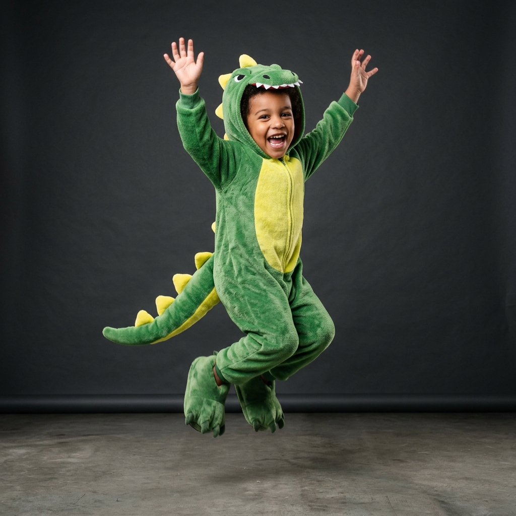 Dinosaur costume kid jumping