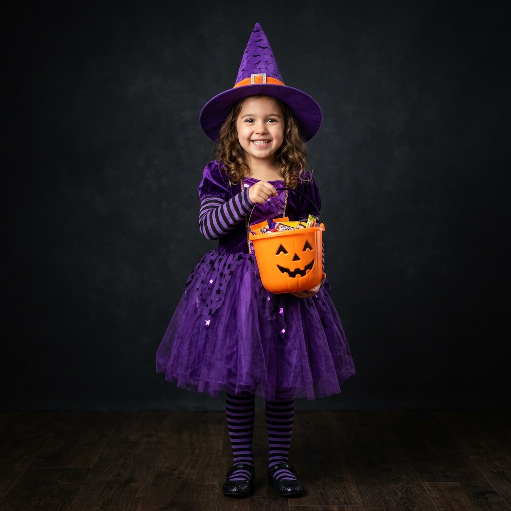 Witch costume kid with pumpkin